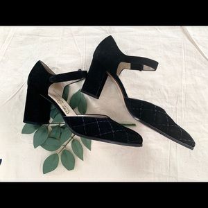 Ferrargamo Black Quilted Suede Block Strappy Heels